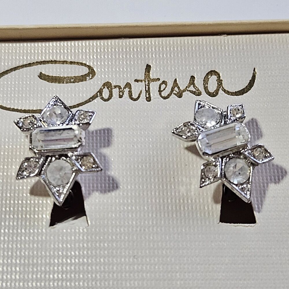 Contessa Silver Tone Rhinestone Clip On Earrings